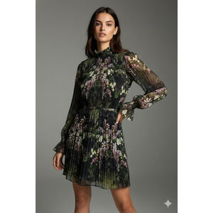 AllSaints Cora Ophelia Floral Pleated Mini Dress-Dark Green/Black - Size 6 NWT